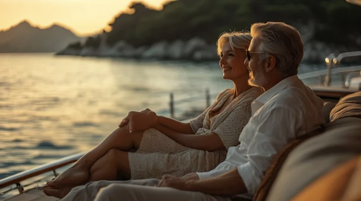 A couple relaxing on a boat on the lake at sunset